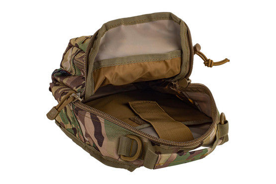 Primary Arms Camo utility sling pack opened to show internal compartments